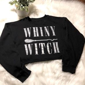Black “WHINY WITCH” ladies crop top sweater.